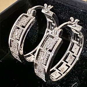 DIAMOND ACCENT SILVER PLATED GREEK KEY HOOP EARRINGS FROM MACYS NWOT